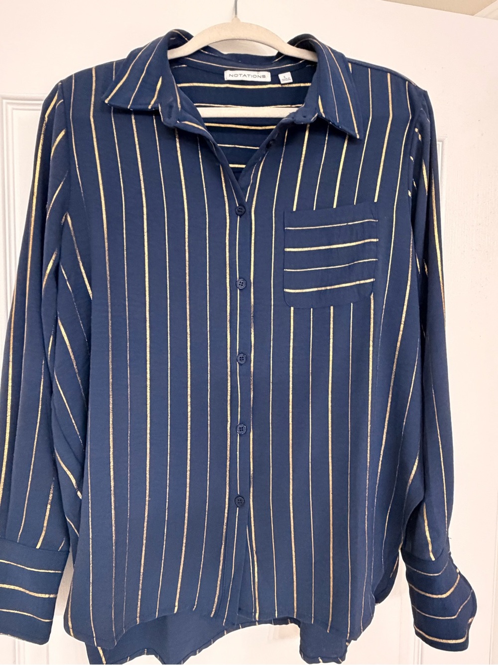 Notations Navy Blue Button-Up Shirt with Gold Stripes
